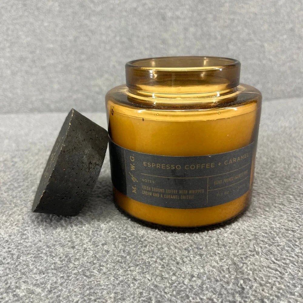 Makers of Wax Goods Espresso Coffee Caramel Candle 11.7oz Amber Jar Cork Lid NEW